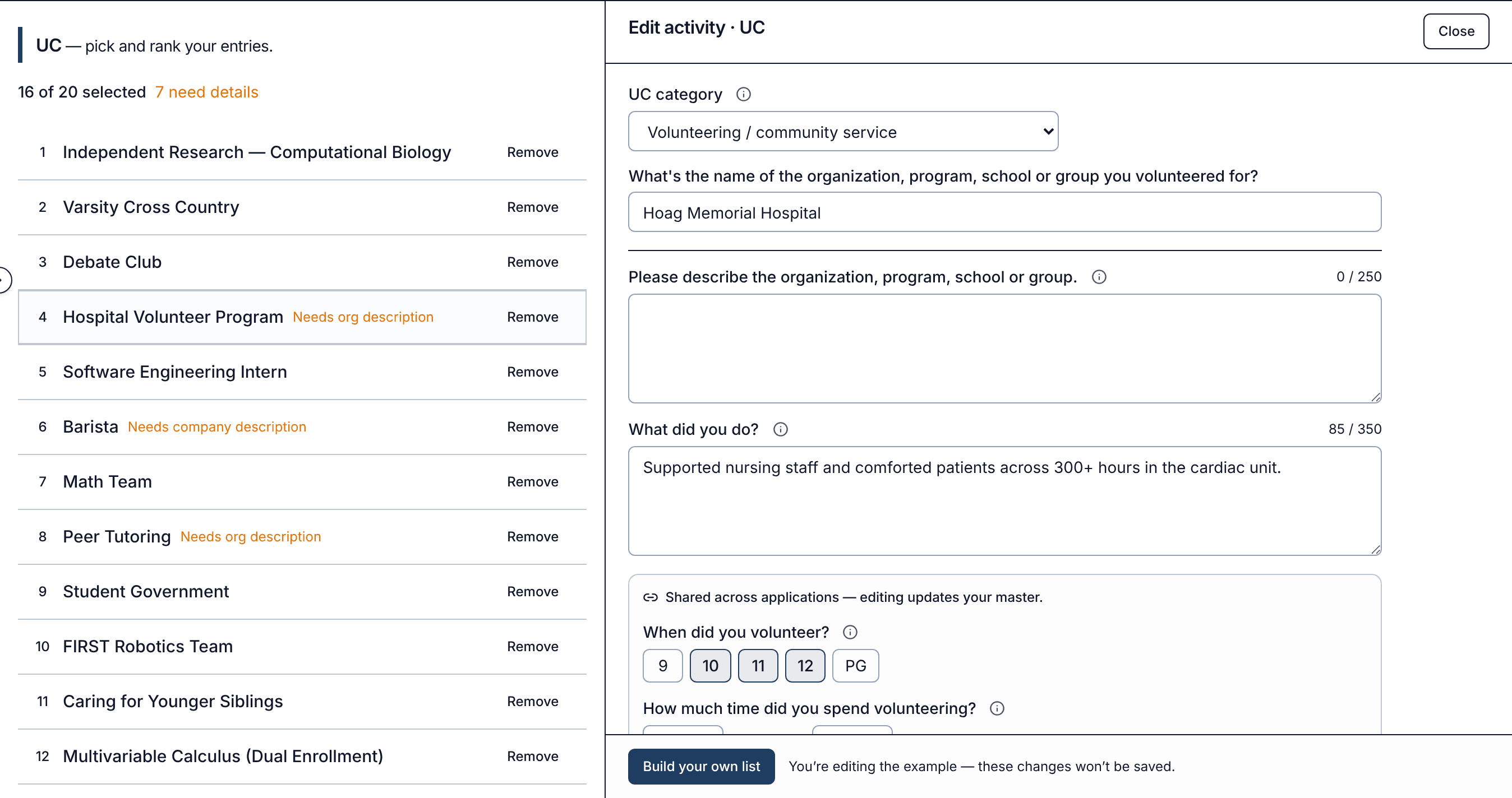 Activities list in UC application format
